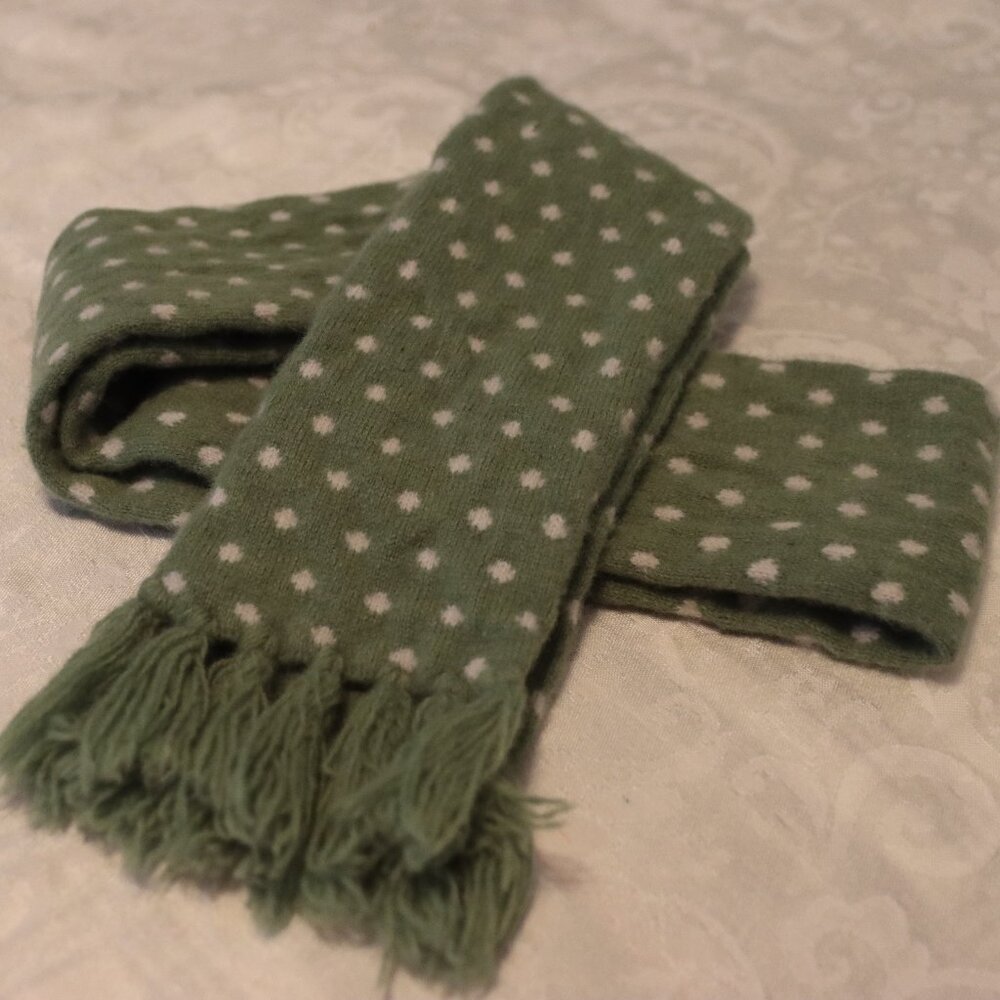 American Eagle Outfitters Green/White Polka Dot Fringed Scarf Lambswool/Nylon